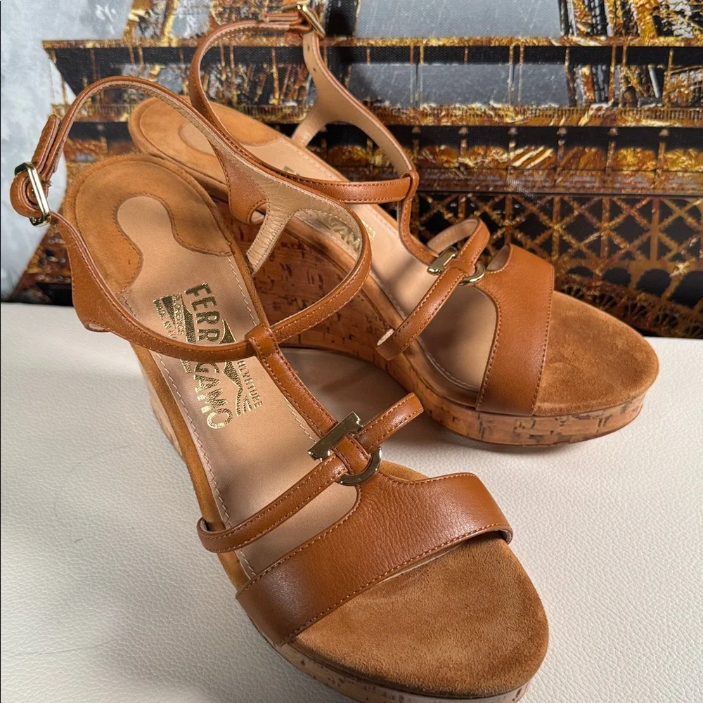 Salvatore Ferragamo brown Leather Wedge Sandals size 7 - Picture 9 of 12